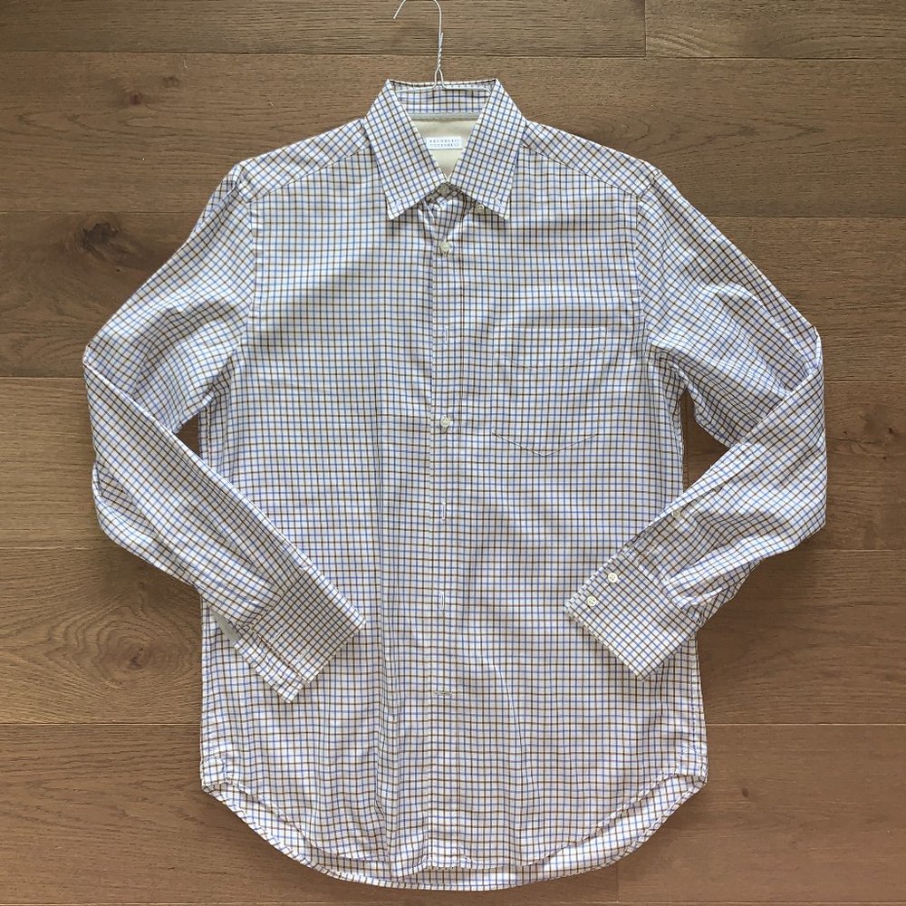 Brunello Cucinelli Blue + Brown Plaid Dress Shirt
